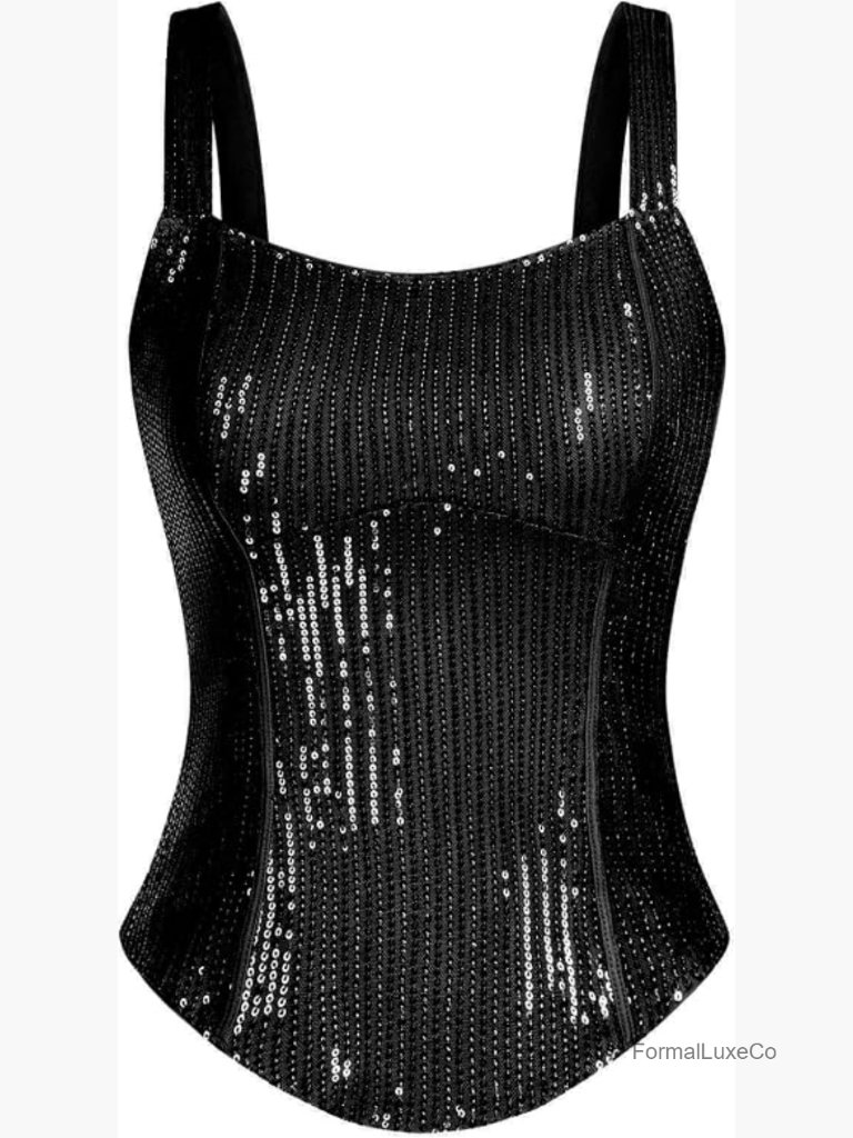Sequin Bustier Corset Tank Top Sparkly Sleeveless Party Top Fishboned Design